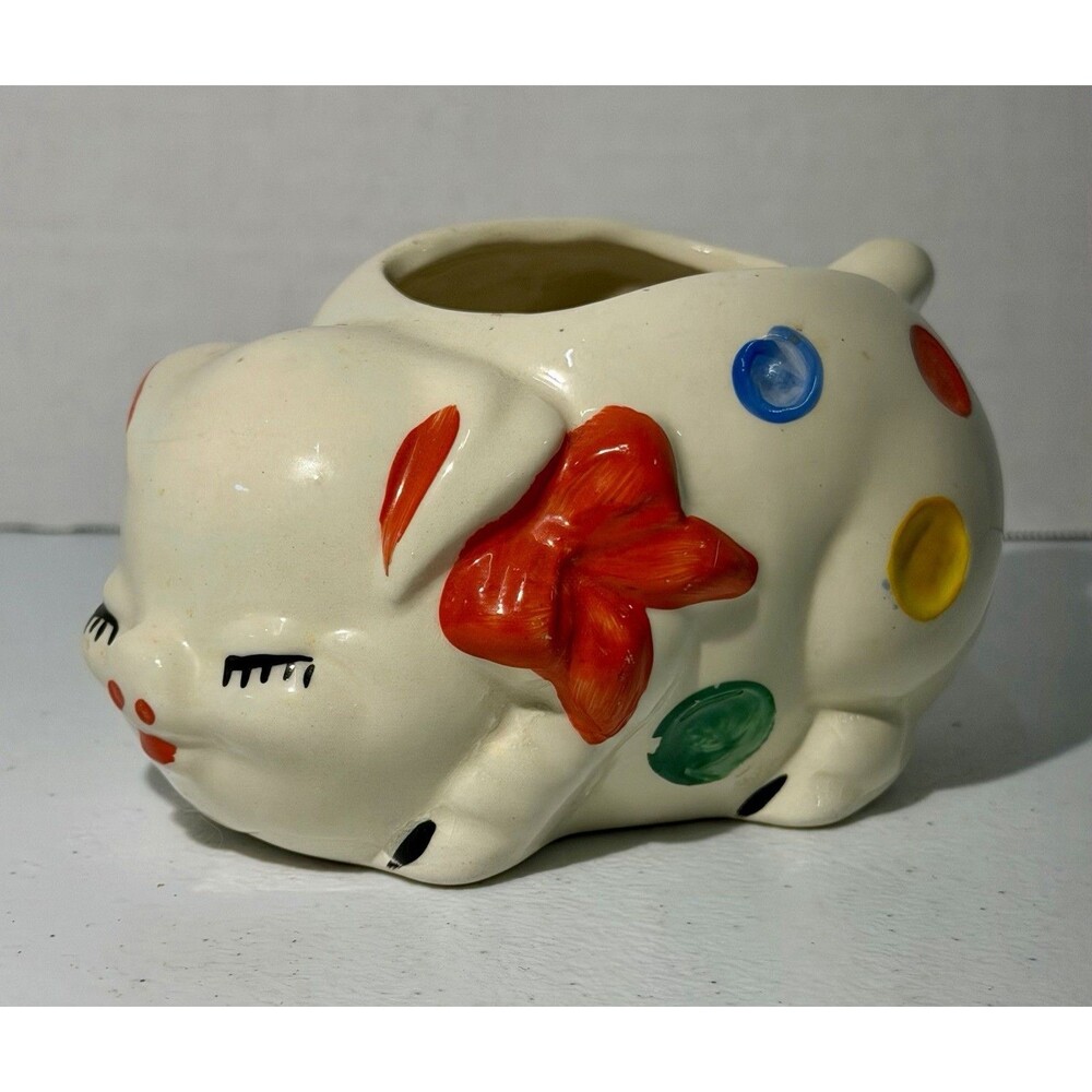 VTG American Bisque PIG Open Sugar Bowl Planter Red Bow NMINT Shawnee Polka Dot